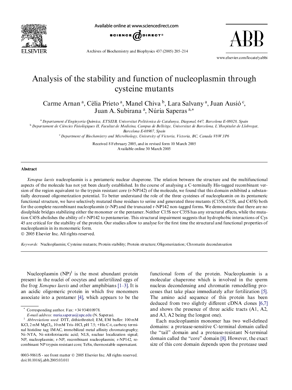 Analysis of the stability and function of nucleoplasmin through cysteine mutants