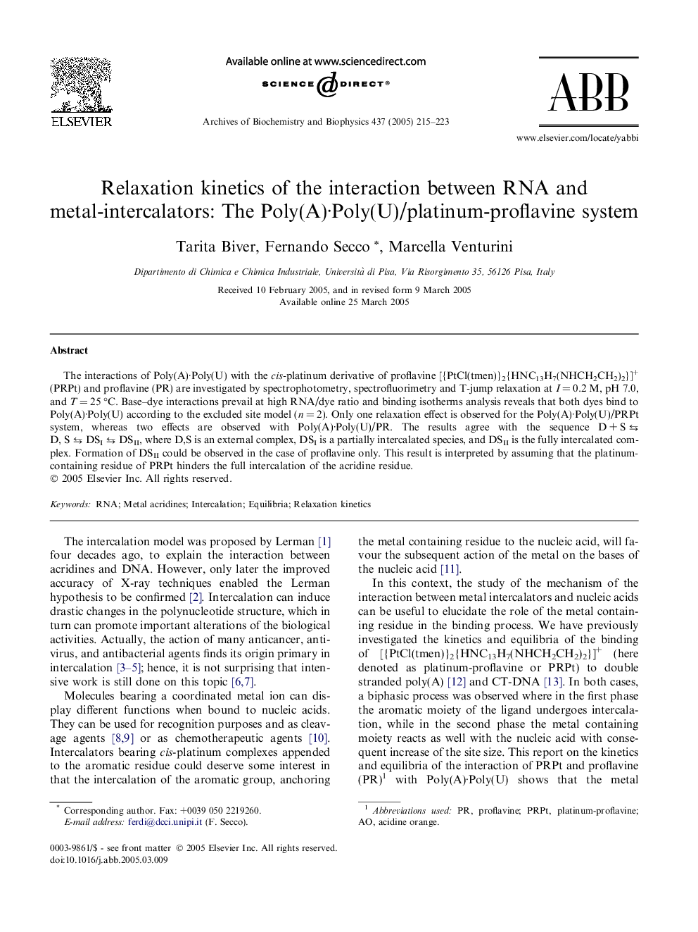 Relaxation kinetics of the interaction between RNA and metal-intercalators: The Poly(A)Â·Poly(U)/platinum-proflavine system