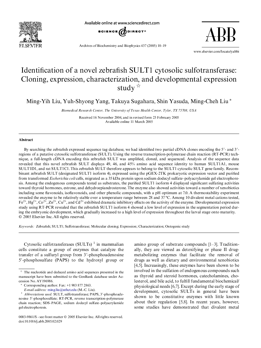 Identification of a novel zebrafish SULT1 cytosolic sulfotransferase: Cloning, expression, characterization, and developmental expression study