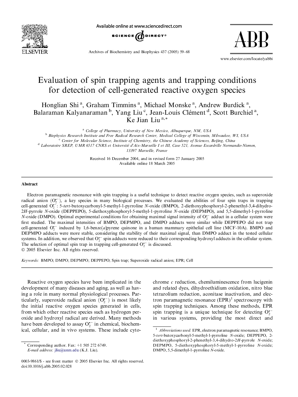 Evaluation of spin trapping agents and trapping conditions for detection of cell-generated reactive oxygen species