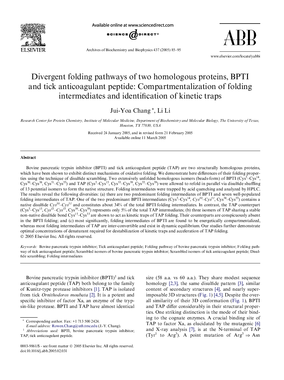 Divergent folding pathways of two homologous proteins, BPTI and tick anticoagulant peptide: Compartmentalization of folding intermediates and identification of kinetic traps