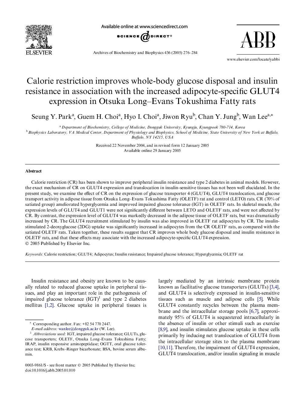 Calorie restriction improves whole-body glucose disposal and insulin resistance in association with the increased adipocyte-specific GLUT4 expression in Otsuka Long-Evans Tokushima Fatty rats