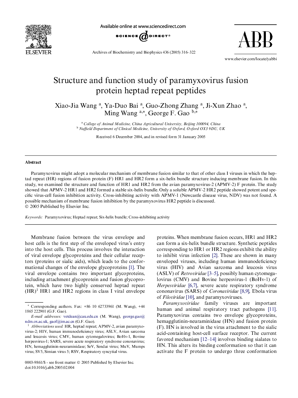 Structure and function study of paramyxovirus fusion protein heptad repeat peptides