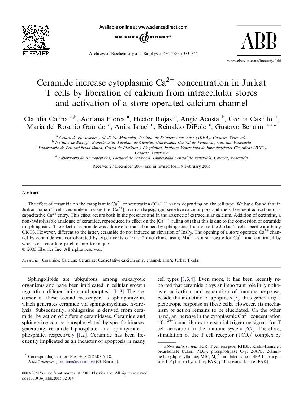 Ceramide increase cytoplasmic Ca2+ concentration in Jurkat T cells by liberation of calcium from intracellular stores and activation of a store-operated calcium channel