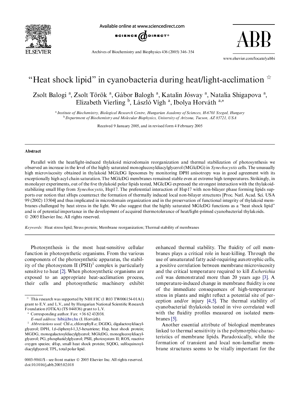 “Heat shock lipid” in cyanobacteria during heat/light-acclimation