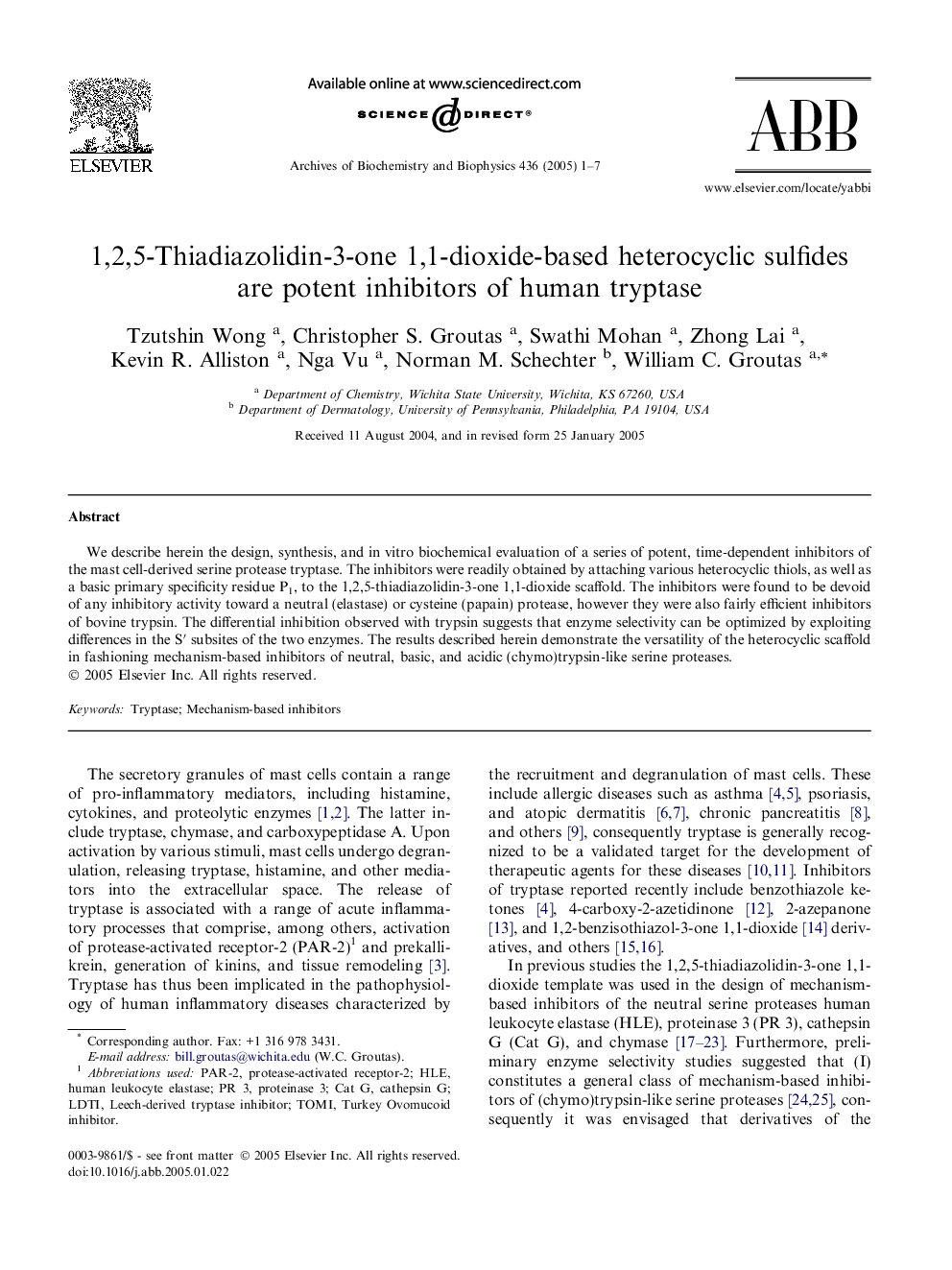 1,2,5-Thiadiazolidin-3-one 1,1-dioxide-based heterocyclic sulfides are potent inhibitors of human tryptase