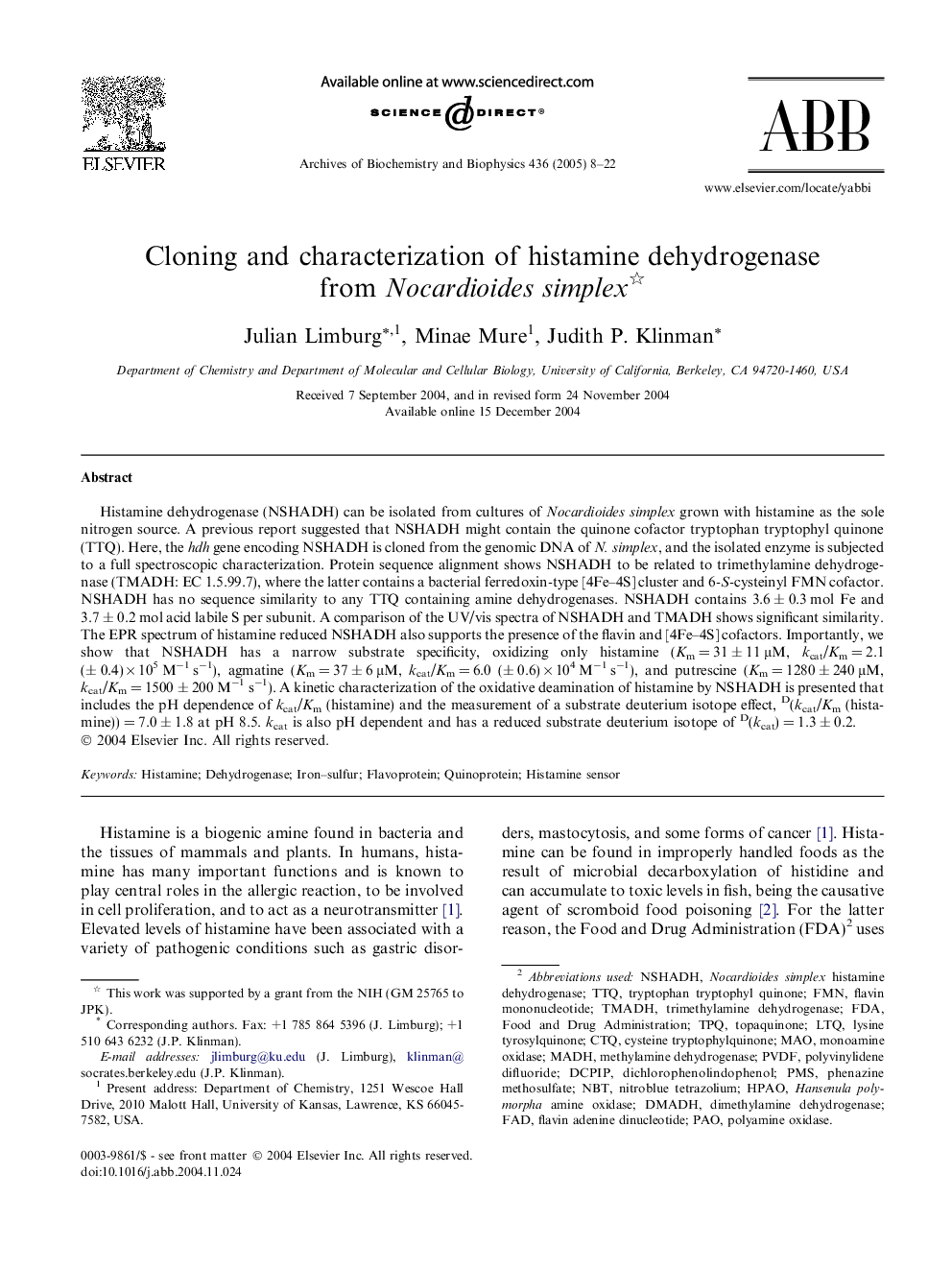 Cloning and characterization of histamine dehydrogenase from Nocardioides simplex