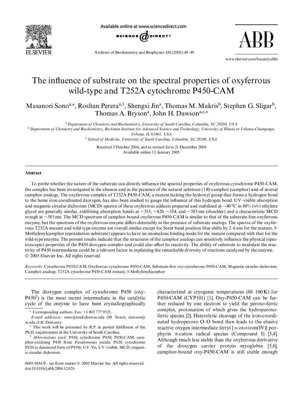 The influence of substrate on the spectral properties of oxyferrous wild-type and T252A cytochrome P450-CAM