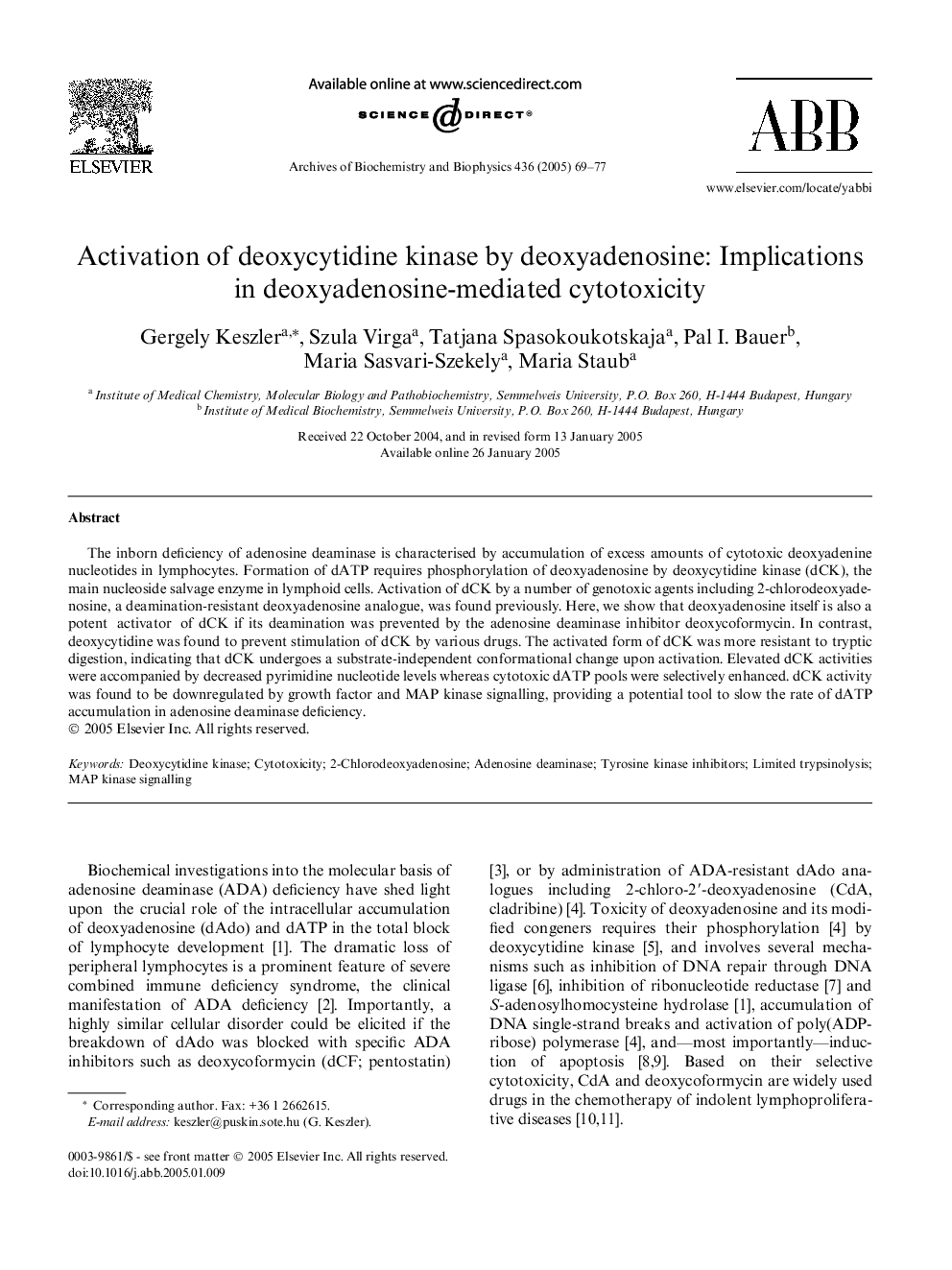 Activation of deoxycytidine kinase by deoxyadenosine: Implications in deoxyadenosine-mediated cytotoxicity