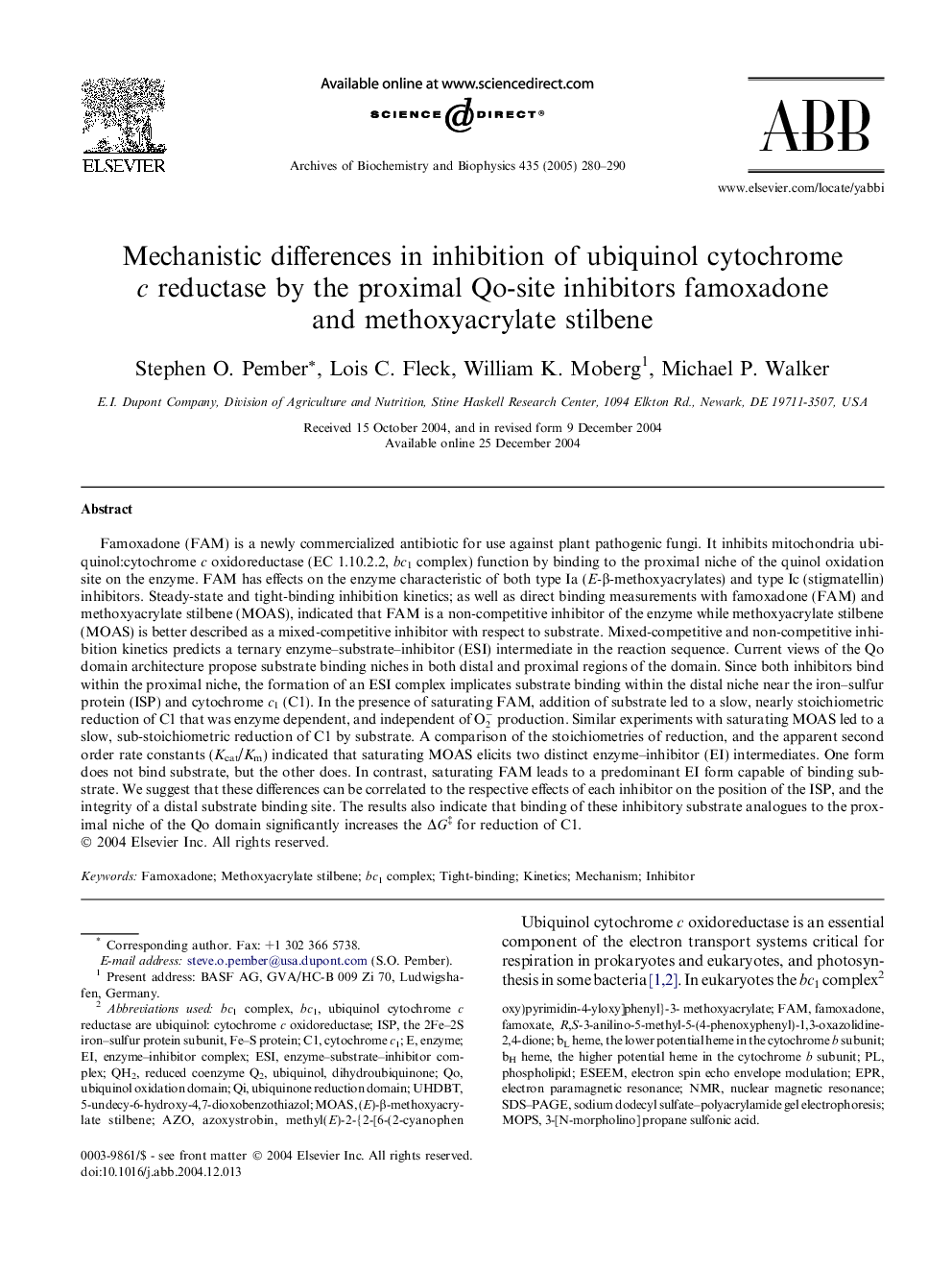 Mechanistic differences in inhibition of ubiquinol cytochrome c reductase by the proximal Qo-site inhibitors famoxadone and methoxyacrylate stilbene