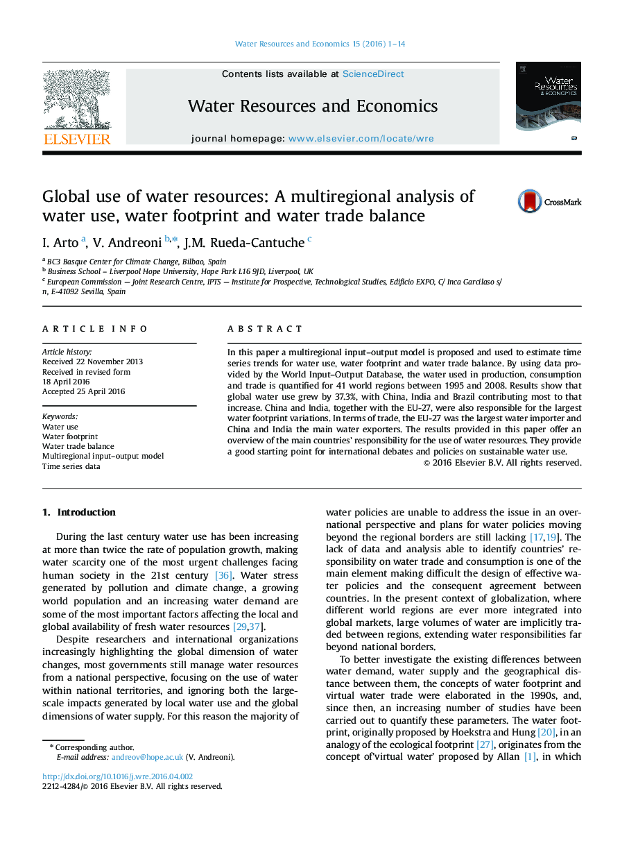 Global use of water resources: A multiregional analysis of water use, water footprint and water trade balance
