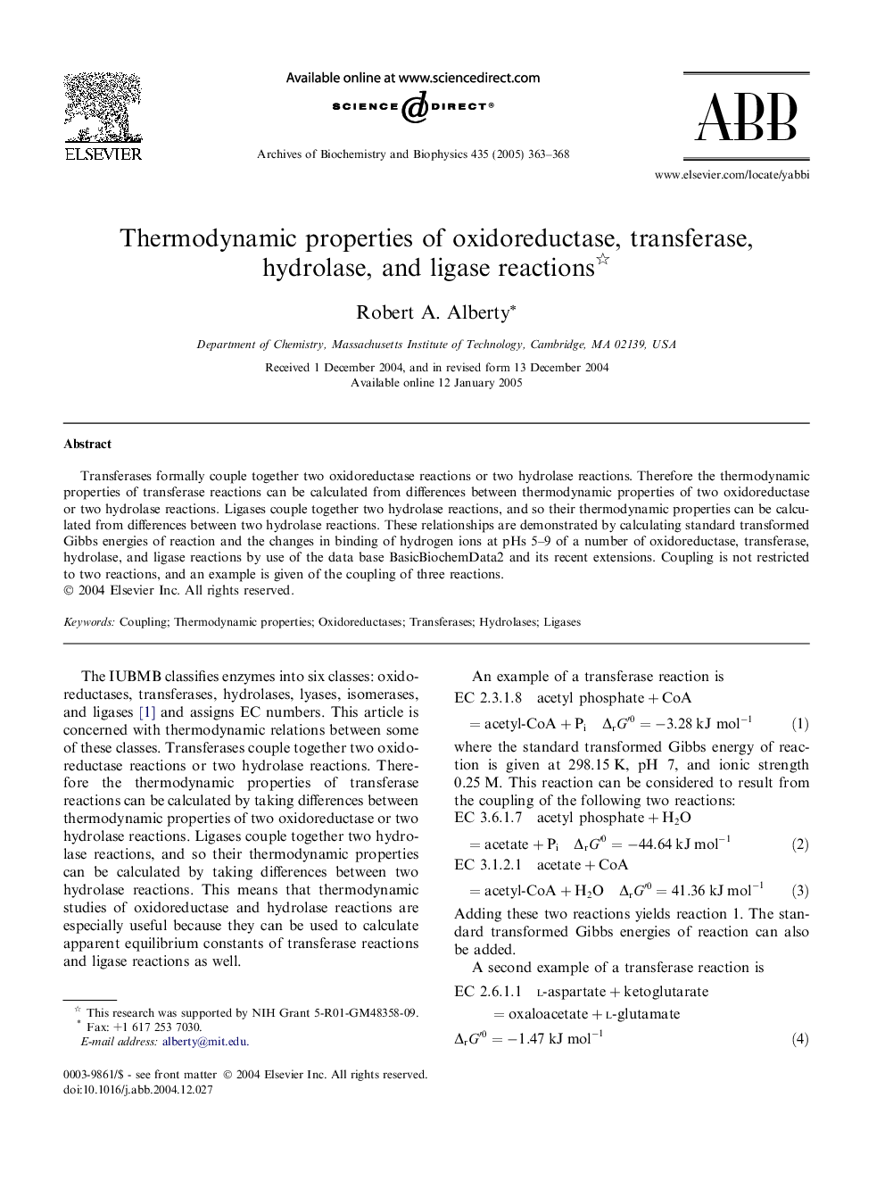 Thermodynamic properties of oxidoreductase, transferase, hydrolase, and ligase reactions