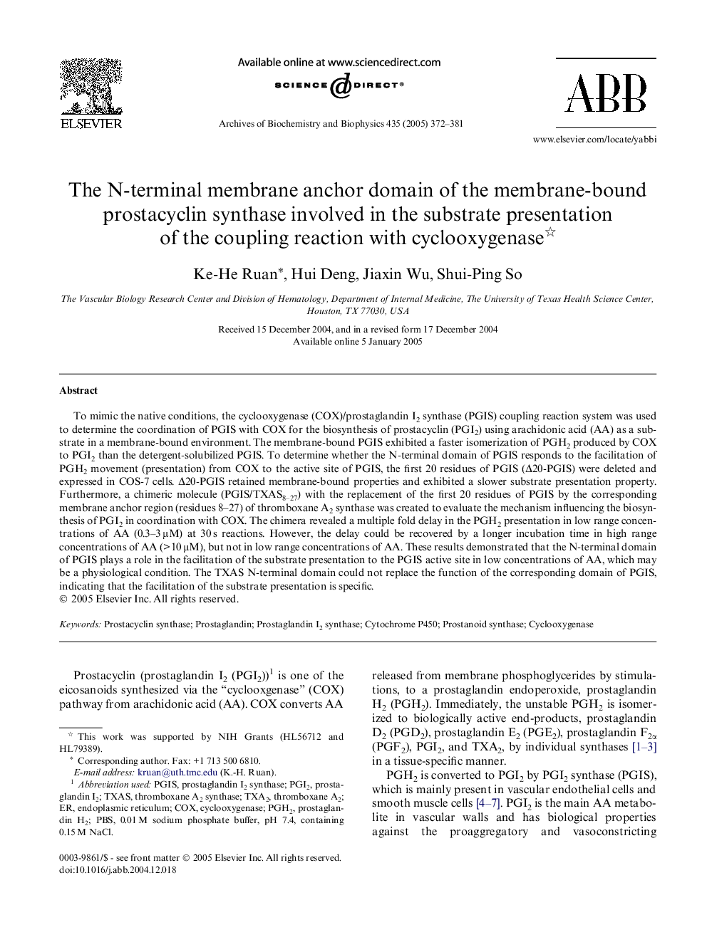 The N-terminal membrane anchor domain of the membrane-bound prostacyclin synthase involved in the substrate presentation of the coupling reaction with cyclooxygenase