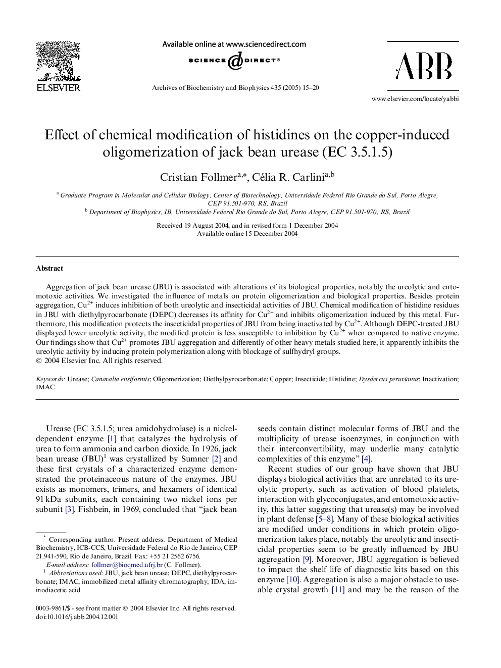 Effect of chemical modification of histidines on the copper-induced oligomerization of jack bean urease (EC 3.5.1.5)