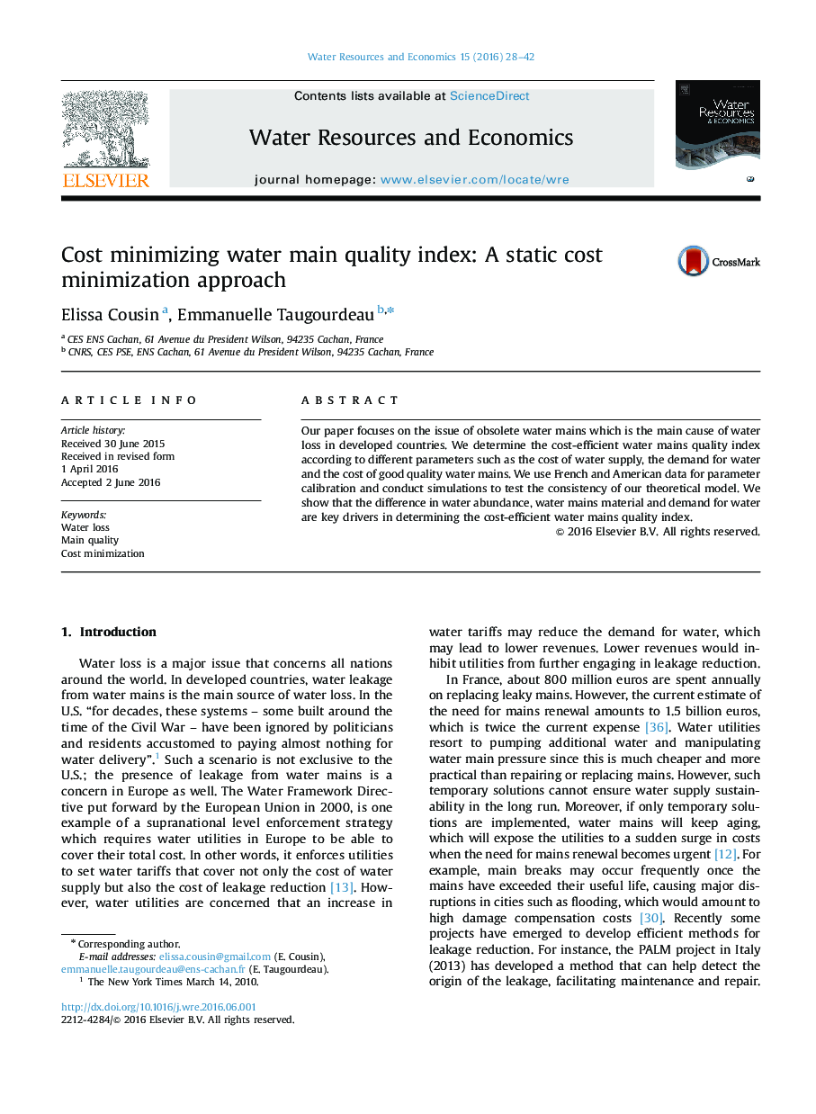 Cost minimizing water main quality index: A static cost minimization approach