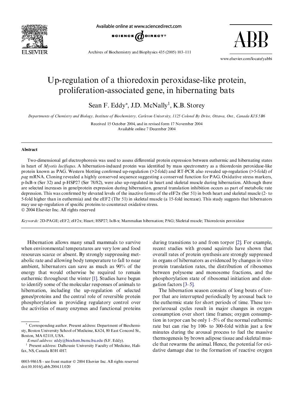 Up-regulation of a thioredoxin peroxidase-like protein, proliferation-associated gene, in hibernating bats