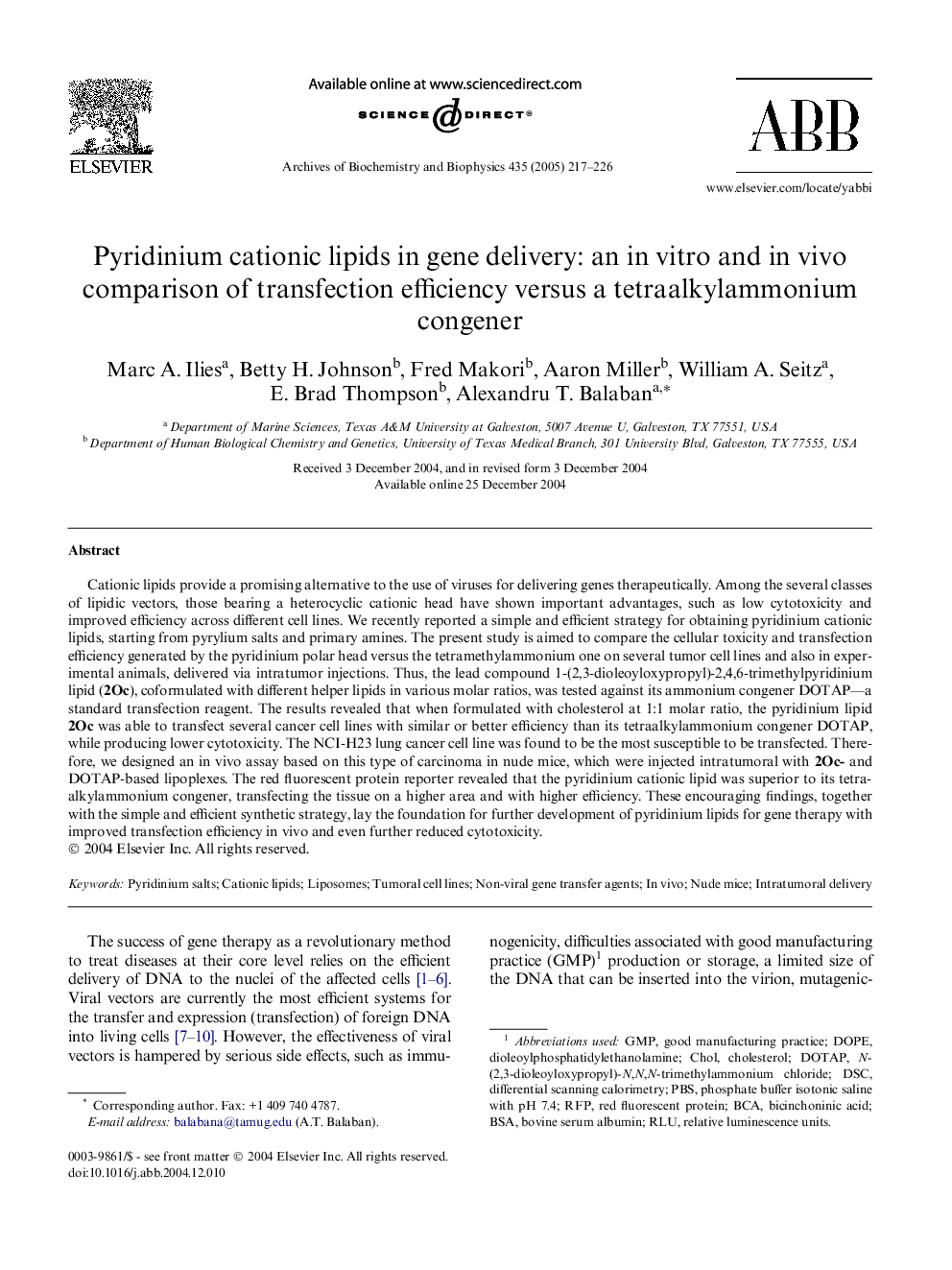 Pyridinium cationic lipids in gene delivery: an in vitro and in vivo comparison of transfection efficiency versus a tetraalkylammonium congener