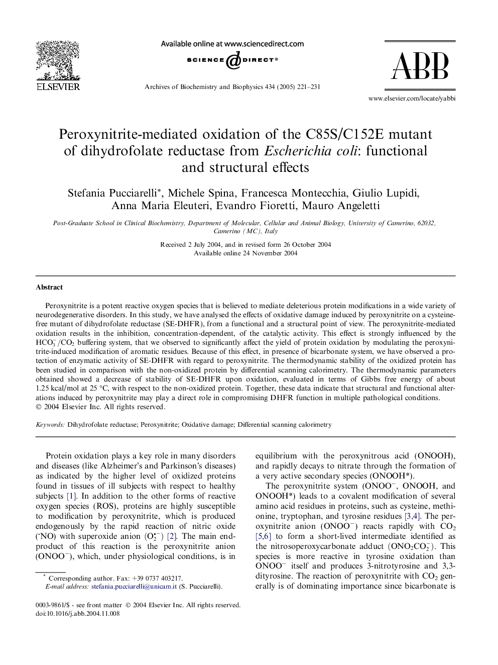 Peroxynitrite-mediated oxidation of the C85S/C152E mutant of dihydrofolate reductase from Escherichia coli: functional and structural effects