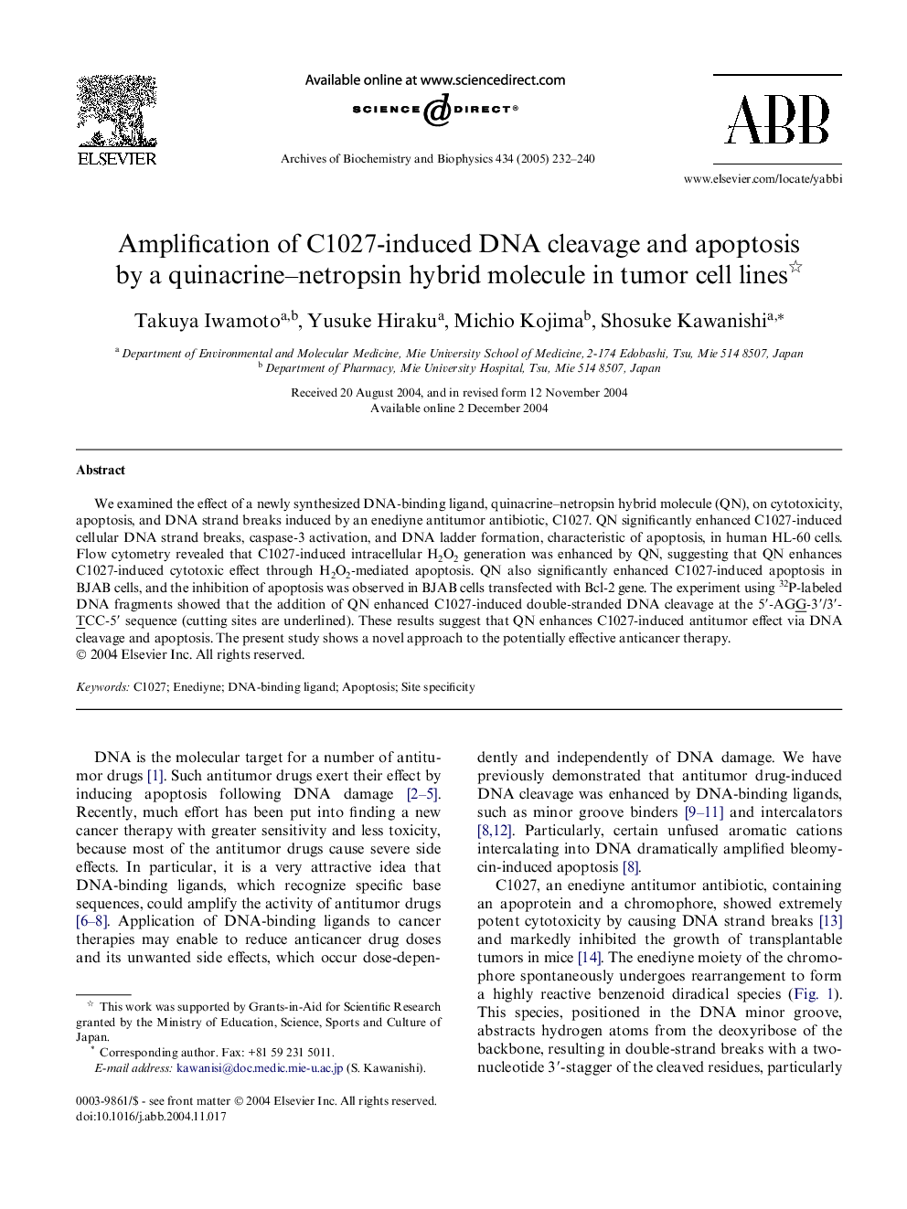 Amplification of C1027-induced DNA cleavage and apoptosis by a quinacrine-netropsin hybrid molecule in tumor cell lines