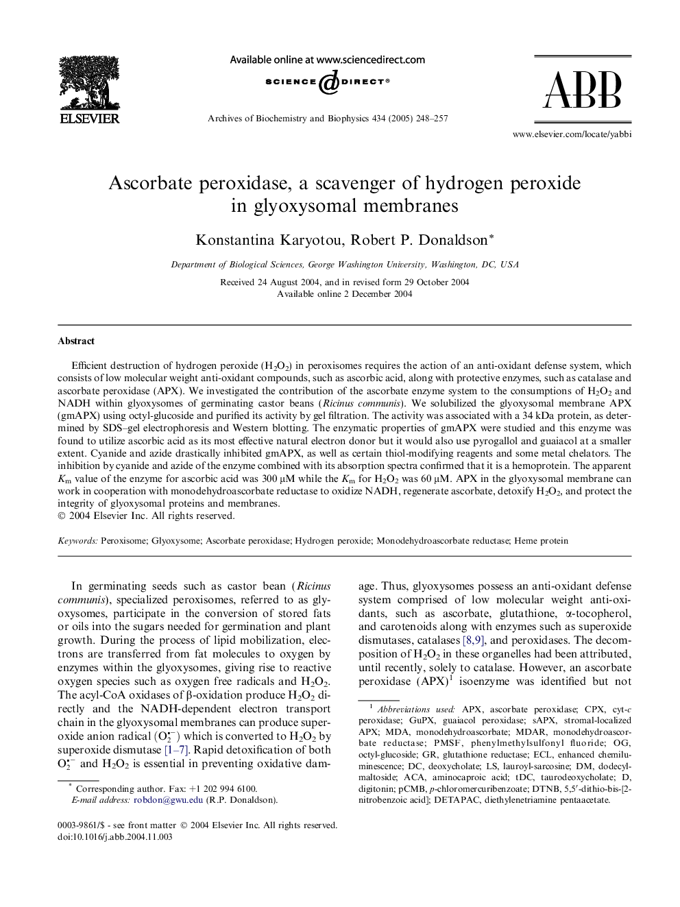 Ascorbate peroxidase, a scavenger of hydrogen peroxide in glyoxysomal membranes