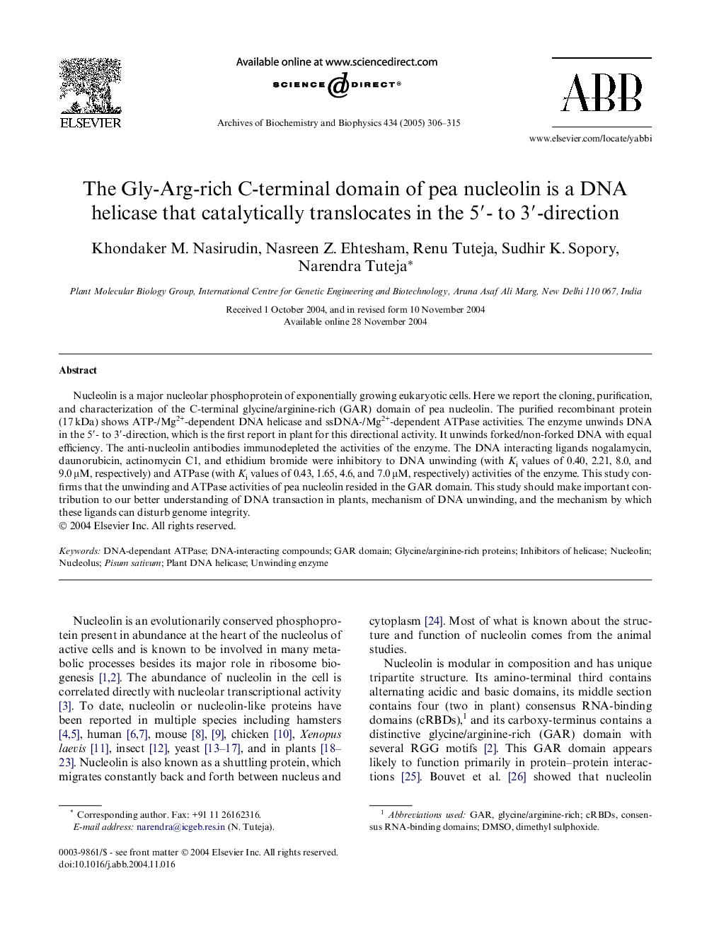 The Gly-Arg-rich C-terminal domain of pea nucleolin is a DNA helicase that catalytically translocates in the 5â²- to 3â²-direction