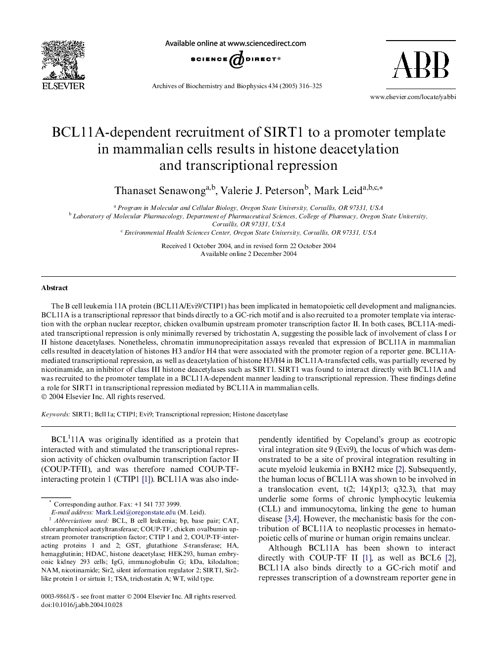 BCL11A-dependent recruitment of SIRT1 to a promoter template in mammalian cells results in histone deacetylation and transcriptional repression