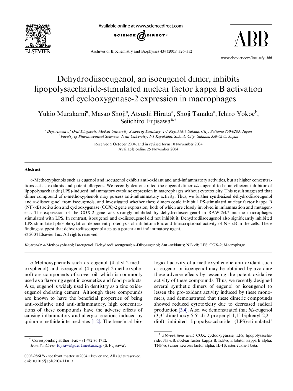 Dehydrodiisoeugenol, an isoeugenol dimer, inhibits lipopolysaccharide-stimulated nuclear factor kappa B activation and cyclooxygenase-2 expression in macrophages