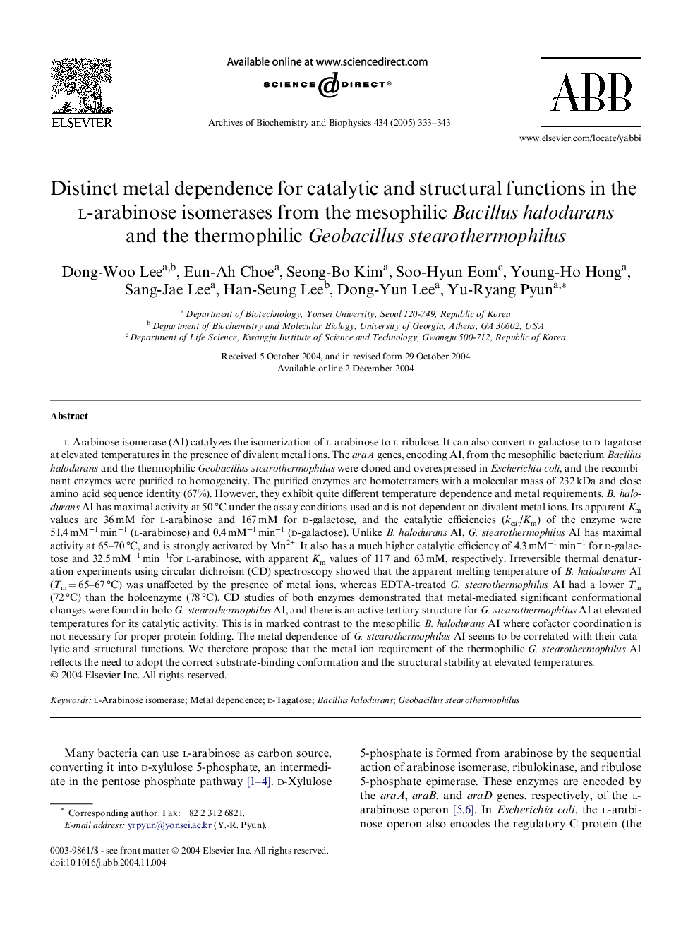 Distinct metal dependence for catalytic and structural functions in the l-arabinose isomerases from the mesophilic Bacillus halodurans and the thermophilic Geobacillus stearothermophilus