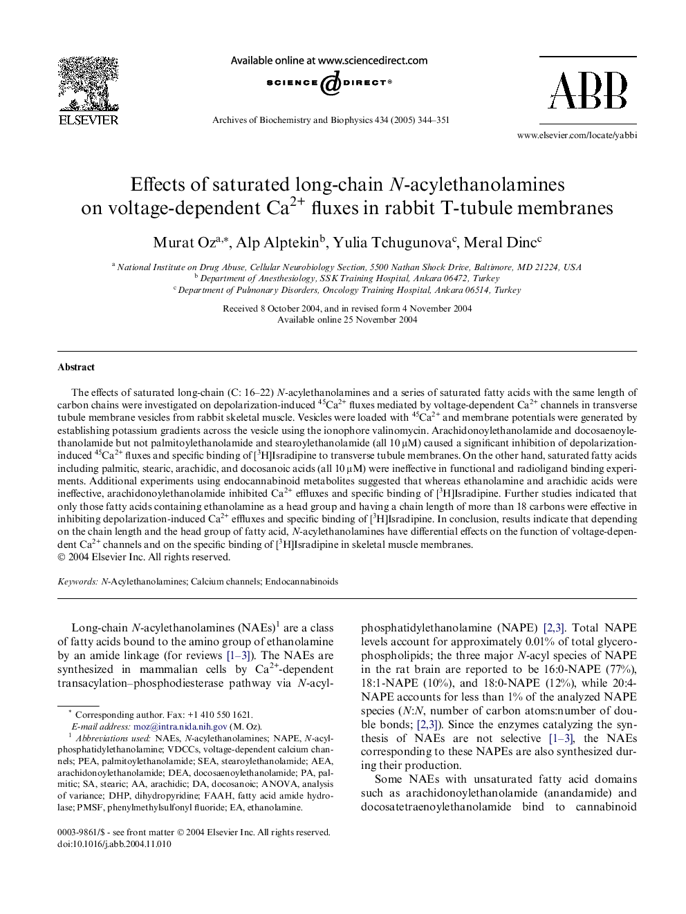 Effects of saturated long-chain N-acylethanolamines on voltage-dependent Ca2+ fluxes in rabbit T-tubule membranes