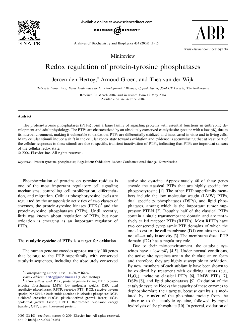 Redox regulation of protein-tyrosine phosphatases