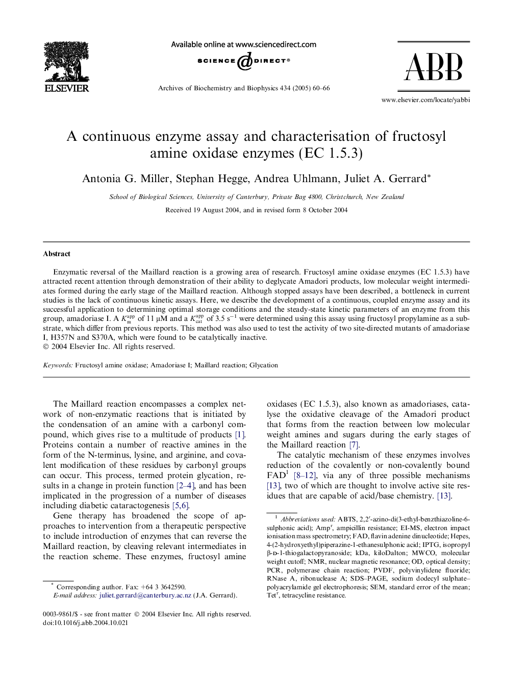 A continuous enzyme assay and characterisation of fructosyl amine oxidase enzymes (EC 1.5.3)