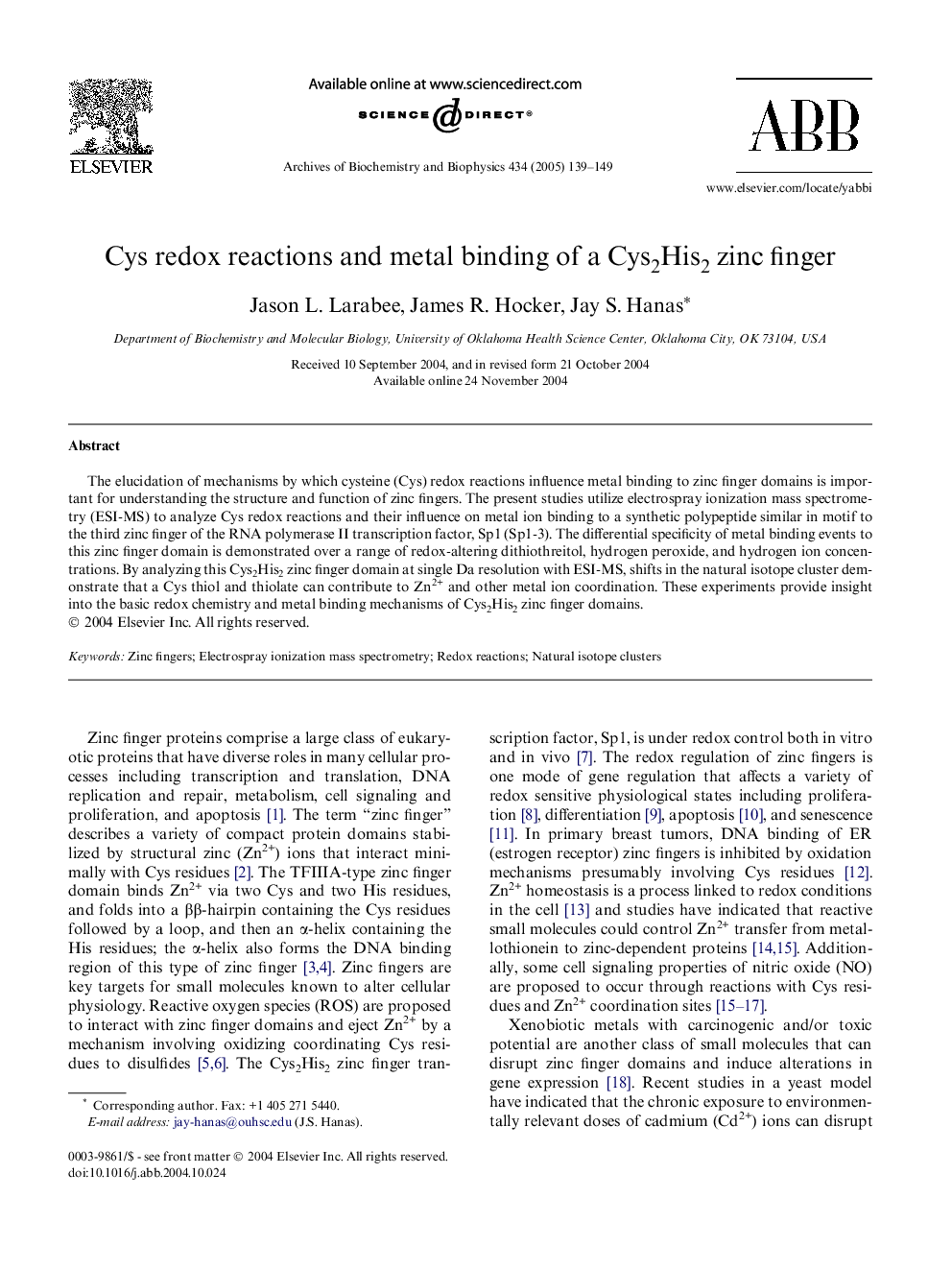 Cys redox reactions and metal binding of a Cys2His2 zinc finger