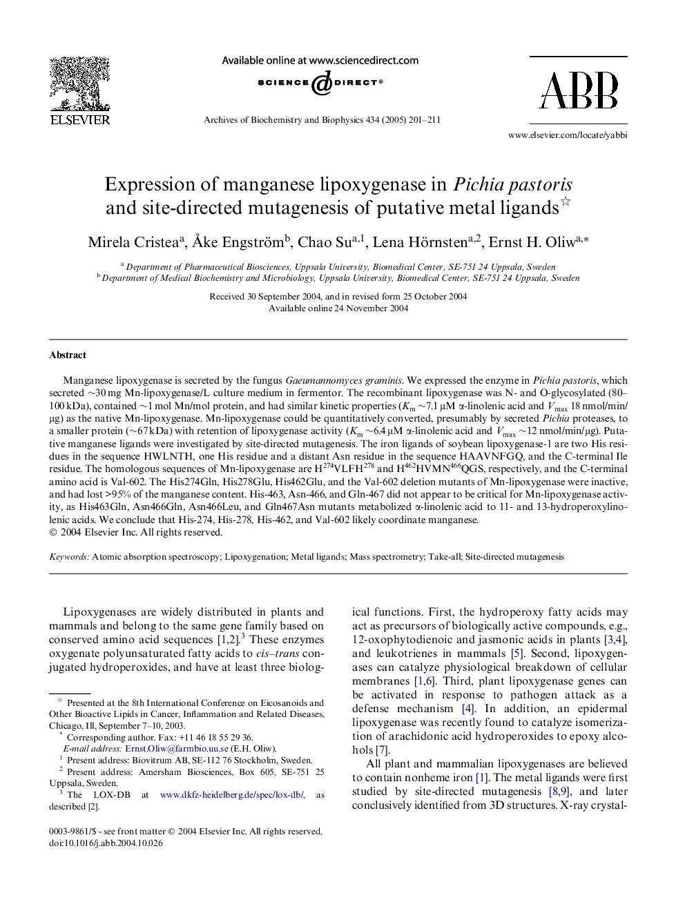 Expression of manganese lipoxygenase in Pichia pastoris and site-directed mutagenesis of putative metal ligands