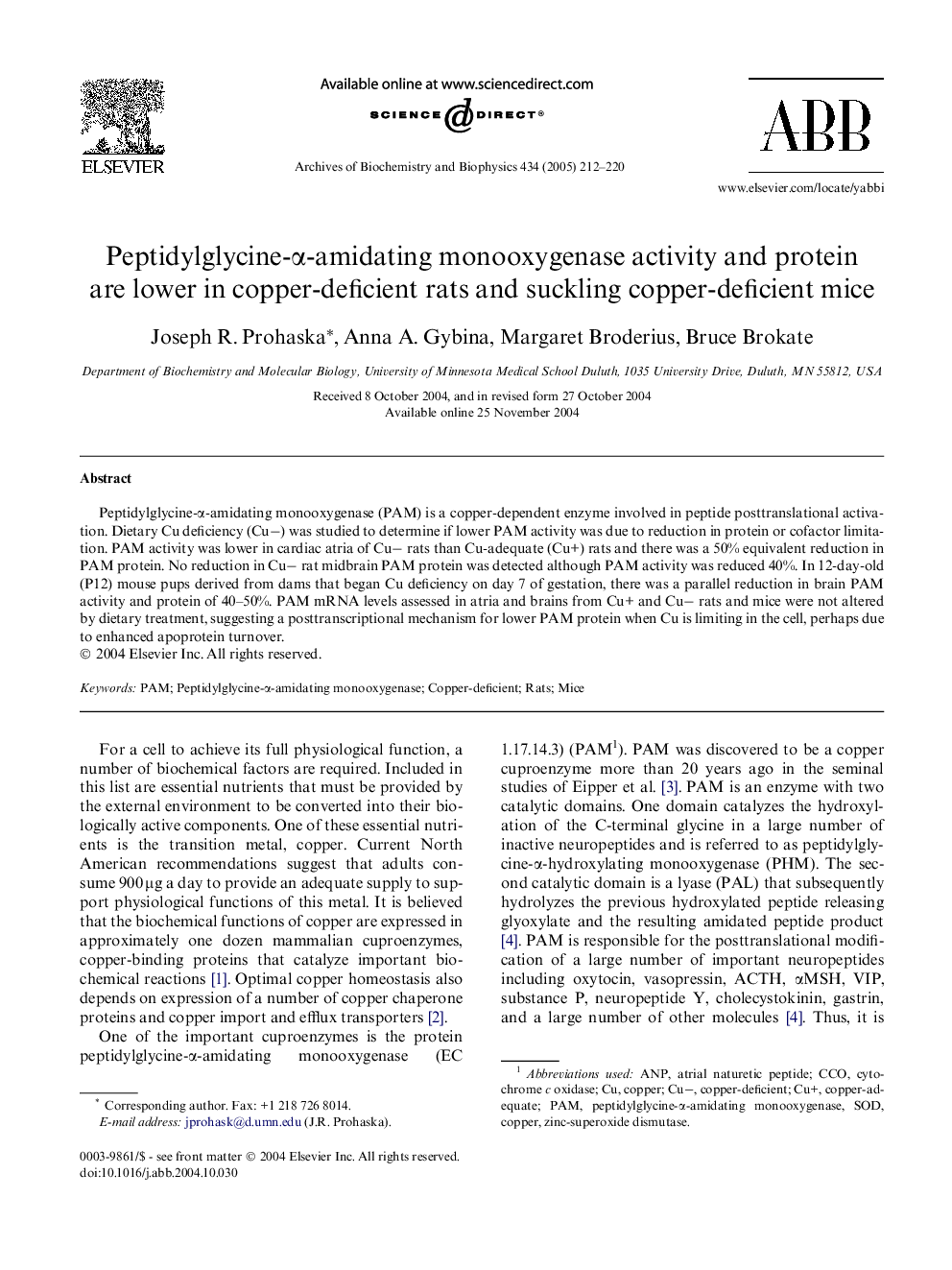 Peptidylglycine-Î±-amidating monooxygenase activity and protein are lower in copper-deficient rats and suckling copper-deficient mice