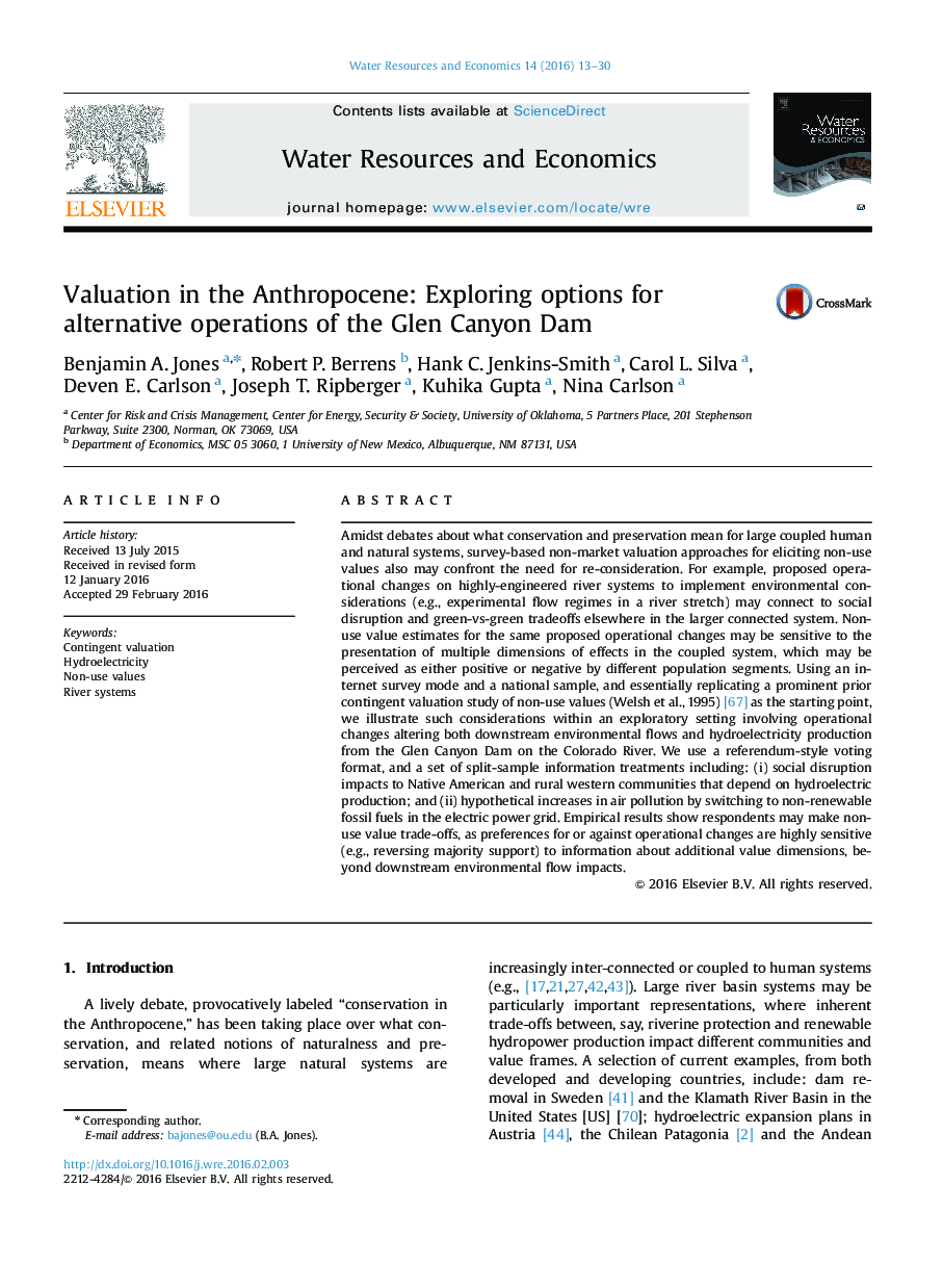 Valuation in the Anthropocene: Exploring options for alternative operations of the Glen Canyon Dam