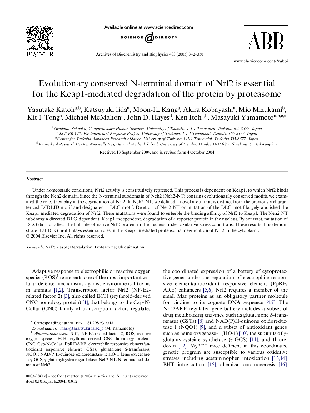 Evolutionary conserved N-terminal domain of Nrf2 is essential for the Keap1-mediated degradation of the protein by proteasome