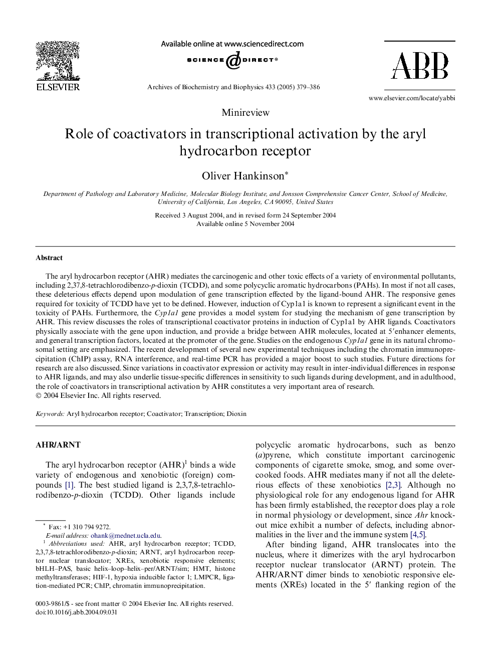 Role of coactivators in transcriptional activation by the aryl hydrocarbon receptor