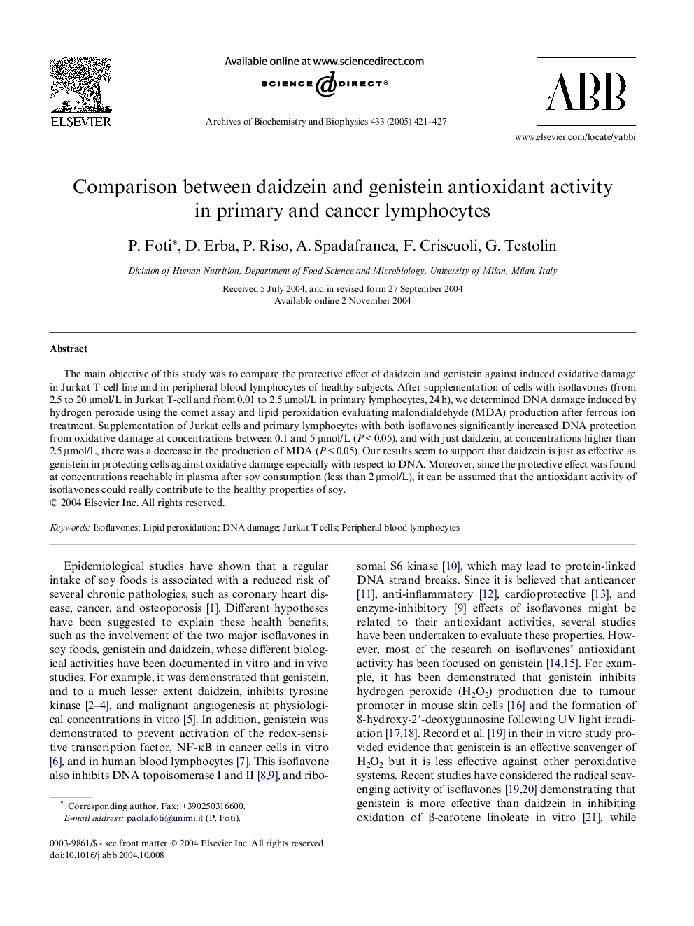 Comparison between daidzein and genistein antioxidant activity in primary and cancer lymphocytes