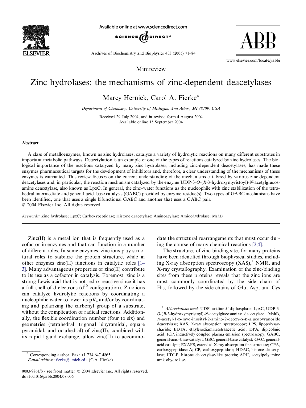 Zinc hydrolases: the mechanisms of zinc-dependent deacetylases