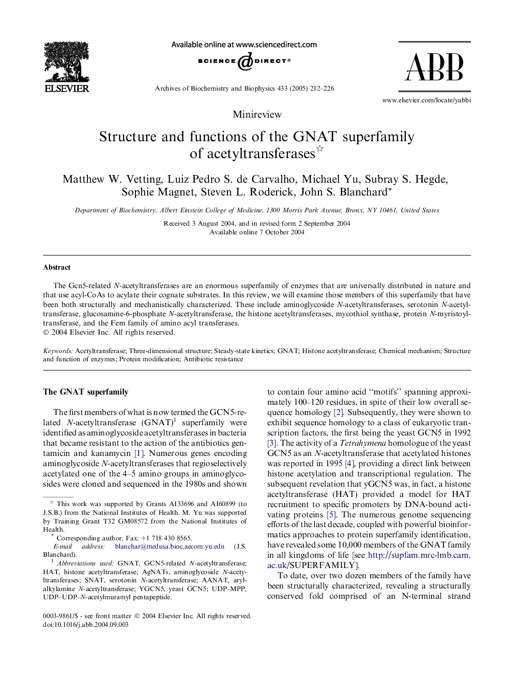 Structure and functions of the GNAT superfamily of acetyltransferases