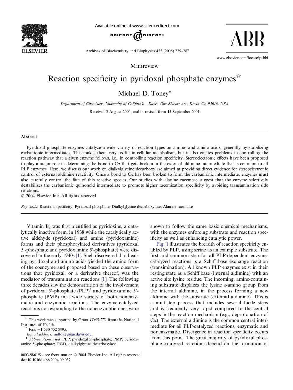 Reaction specificity in pyridoxal phosphate enzymes