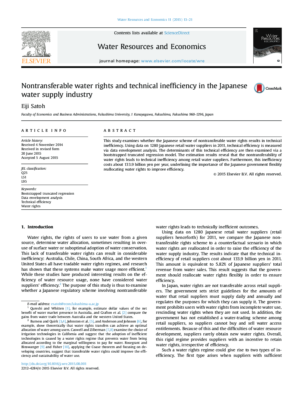 Nontransferable water rights and technical inefficiency in the Japanese water supply industry