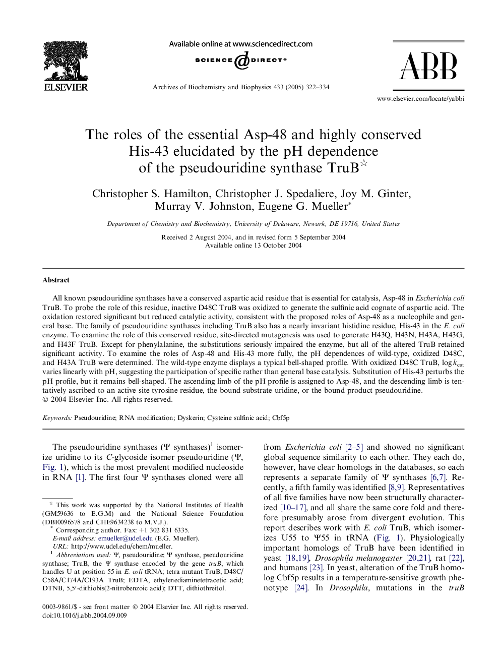 The roles of the essential Asp-48 and highly conserved His-43 elucidated by the pH dependence of the pseudouridine synthase TruB