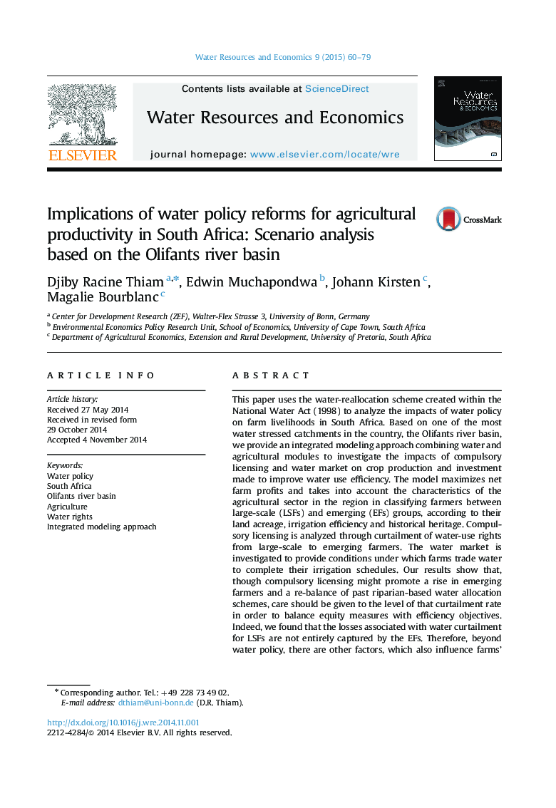 عکس صفحه اول مقاله: Implications of water policy reforms for agricultural productivity in South Africa: Scenario analysis based on the Olifants river basin Implications of water policy reforms for agricultural productivity in South Africa: Scenario analysis based on the Olifants river basin