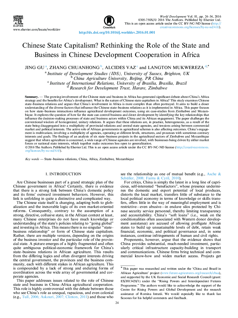 Chinese State Capitalism? Rethinking the Role of the State and Business in Chinese Development Cooperation in Africa