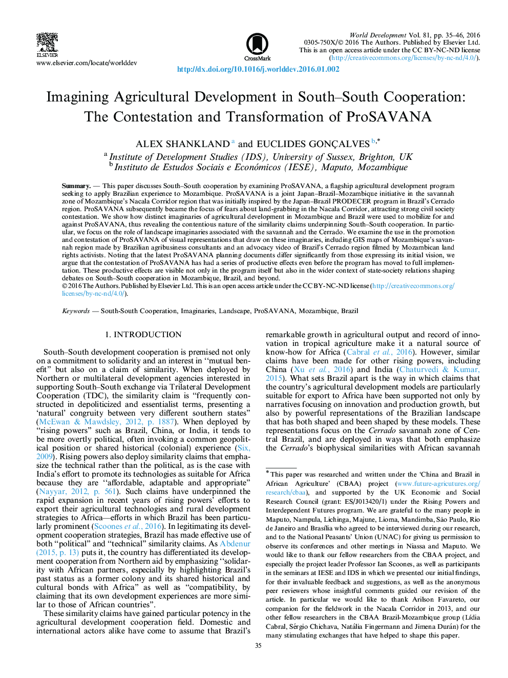 Imagining Agricultural Development in South–South Cooperation: The Contestation and Transformation of ProSAVANA