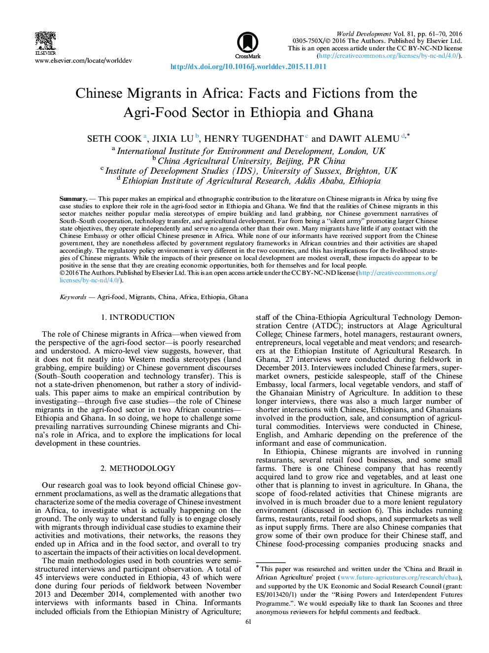 Chinese Migrants in Africa: Facts and Fictions from the Agri-Food Sector in Ethiopia and Ghana