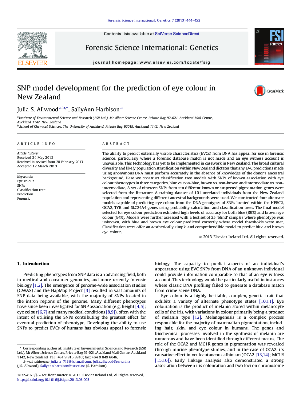 SNP model development for the prediction of eye colour in New Zealand