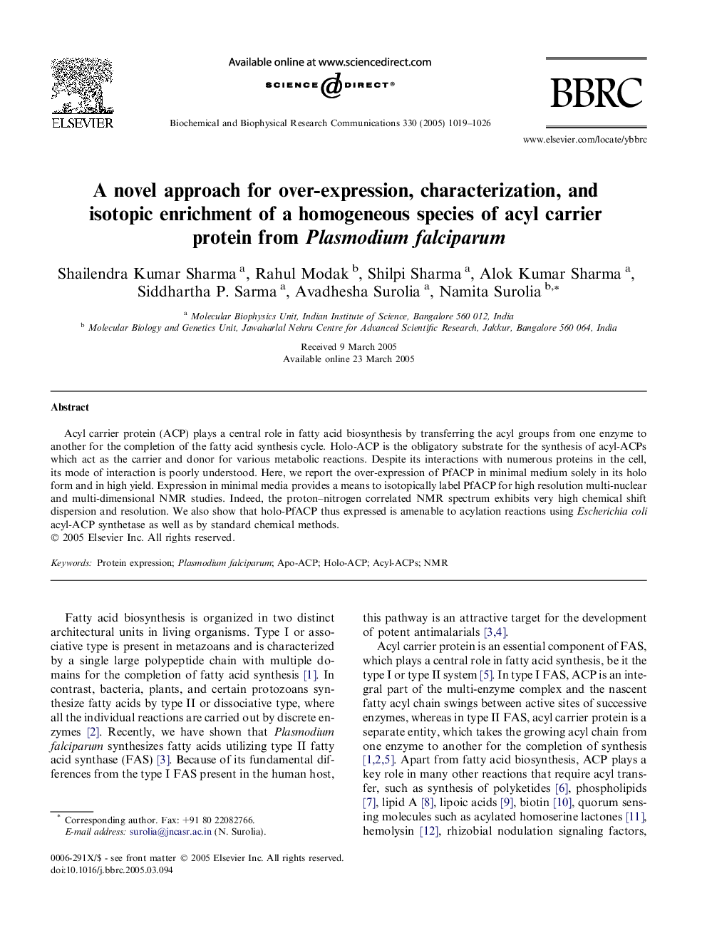 A novel approach for over-expression, characterization, and isotopic enrichment of a homogeneous species of acyl carrier protein from Plasmodium falciparum