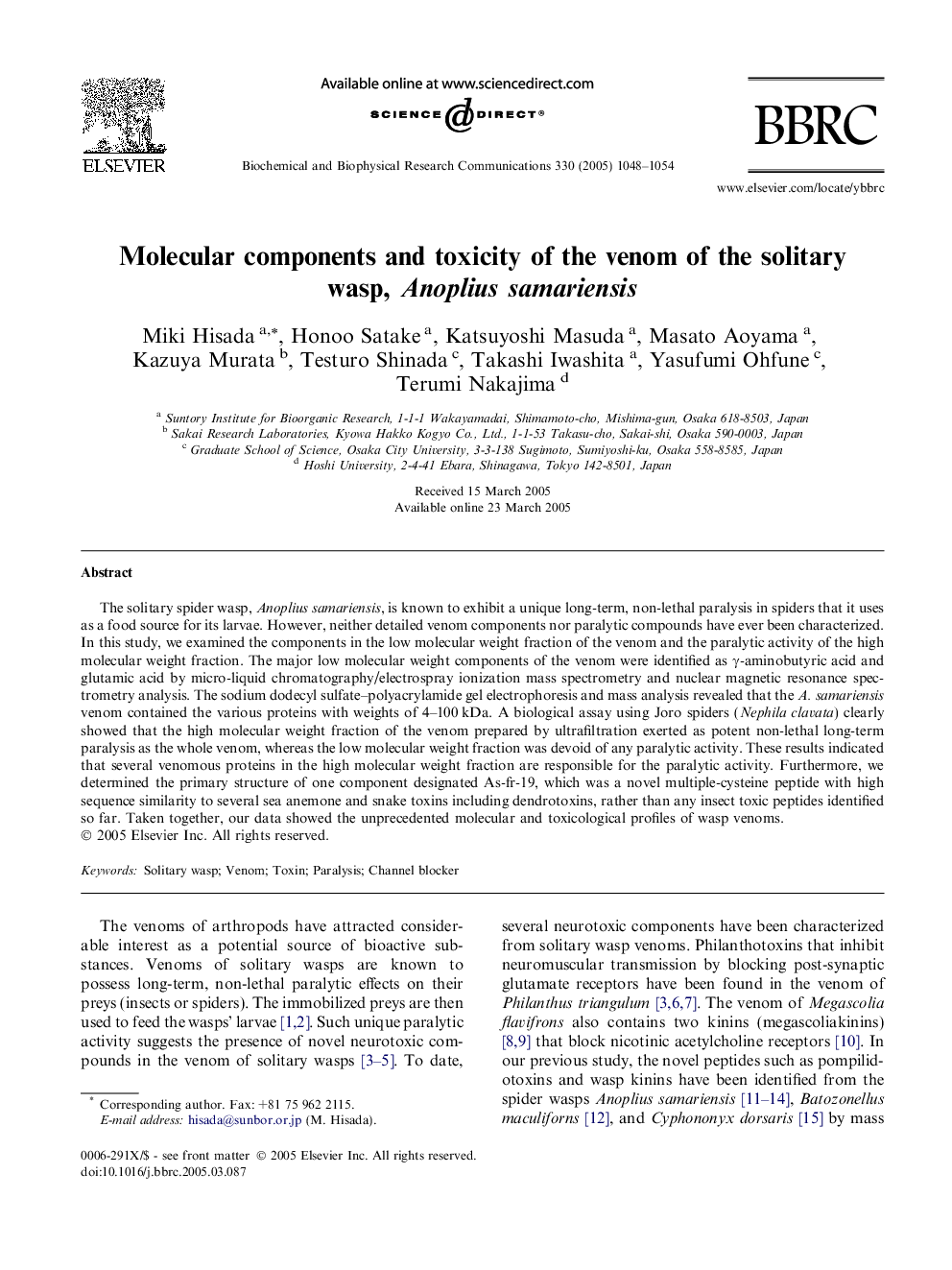 Molecular components and toxicity of the venom of the solitary wasp, Anoplius samariensis